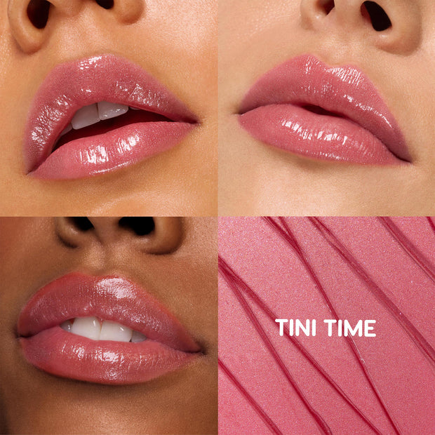 ColourPop So Juicy Plumping Gloss Balm with Peptides in Tini Time coating lips with high-shine rosy pink on three skin tones, with a fourth panel showing a shimmery pink swatch labeled TINI TIME to showcase the glossy, plumped finish.