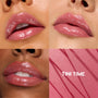ColourPop So Juicy Plumping Gloss Balm with Peptides in Tini Time coating lips with high-shine rosy pink on three skin tones, with a fourth panel showing a shimmery pink swatch labeled TINI TIME to showcase the glossy, plumped finish.