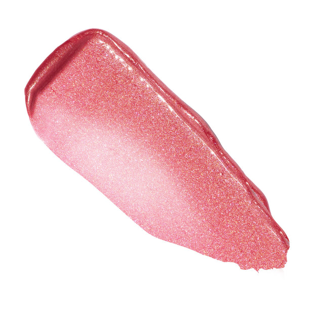 Shimmery rosy-pink swatch of Tini Time, ColourPop So Juicy Plumping Gloss Balm with Peptides, smeared in a thick streak to show its glossy, glittery finish and creamy texture on a clean white background.