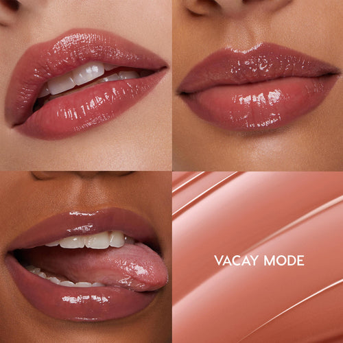 Vacay Mode shades lips in a glossy rosy nude, shown in three close-up lip shots and a swipe swatch in a 4-panel grid; ColourPop So Juicy Plumping Gloss Balm with Peptides delivers plumping shine and smooth hydration.