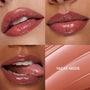 Vacay Mode shades lips in a glossy rosy nude, shown in three close-up lip shots and a swipe swatch in a 4-panel grid; ColourPop So Juicy Plumping Gloss Balm with Peptides delivers plumping shine and smooth hydration.