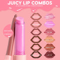 ColourPop So Juicy Plumping Gloss Balm with Peptides, Angel Baby shade, showcases a pearly shimmer stick beside a nude lip liner, as a pink chart displays lip combo pairings (including Slay + Angel Baby) for glossy, plumped lips.
