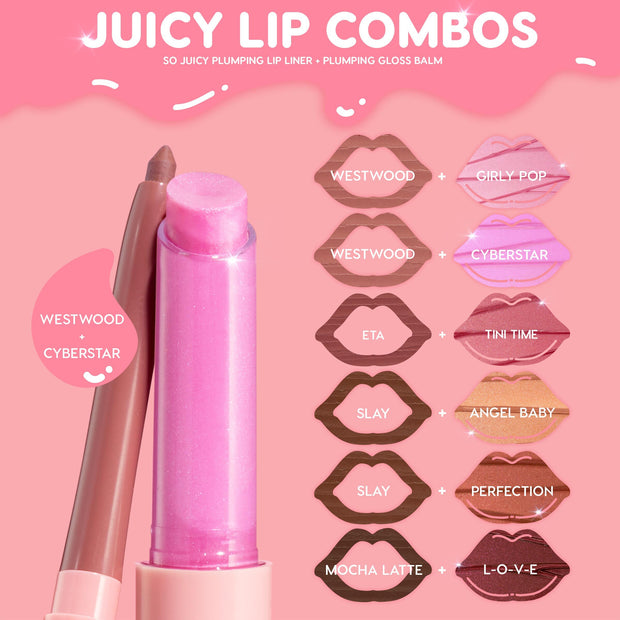 ColourPop So Juicy Plumping Gloss Balm with Peptides, Angel Baby shade, showcases a pearly shimmer stick beside a nude lip liner, as a pink chart displays lip combo pairings (including Slay + Angel Baby) for glossy, plumped lips.