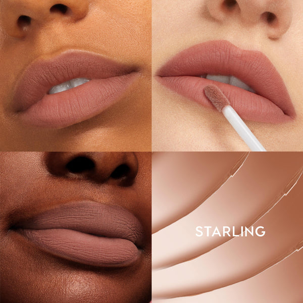 ColourPop Ultra Blotted Lip in Starling coats lips in a soft-matte, blurred mauve-nude; a doe-foot applicator applies color while a four-panel grid shows close-ups on multiple skin tones and creamy swipe swatches of the lightweight finish.