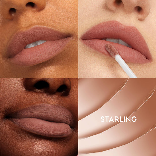ColourPop Ultra Blotted Lip in Starling coats lips in a soft-matte, blurred mauve-nude; a doe-foot applicator applies color while a four-panel grid shows close-ups on multiple skin tones and creamy swipe swatches of the lightweight finish.
