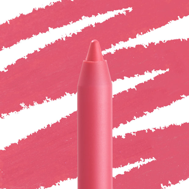 Starship ColourPop Lippie Pencil showcasing a creamy coral‑pink tip, standing upright as bold diagonal swatches streak the background in the same shade, highlighting precise lip lining and smooth pigment for everyday wear.