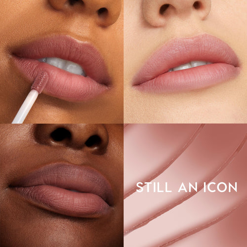 Close-up lips wear Still an Icon Ultra Blotted Lip in a soft-matte rosy nude; a doe-foot applicator applies the ColourPop Ultra Blotted Lip, with swatches and lip shots across multiple skin tones arranged in a four-panel grid showing the shade name.