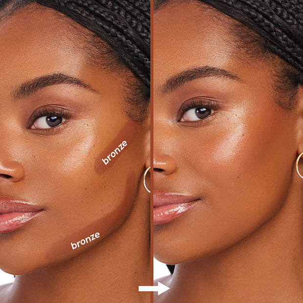 ColourPop Bronzer Stix Moonstone Beach bronzer being applied - left shows two swipes labeled “bronze” on the cheek, right shows the shade blended to a warm, radiant finish - split-screen close-up before-and-after on a model’s face.