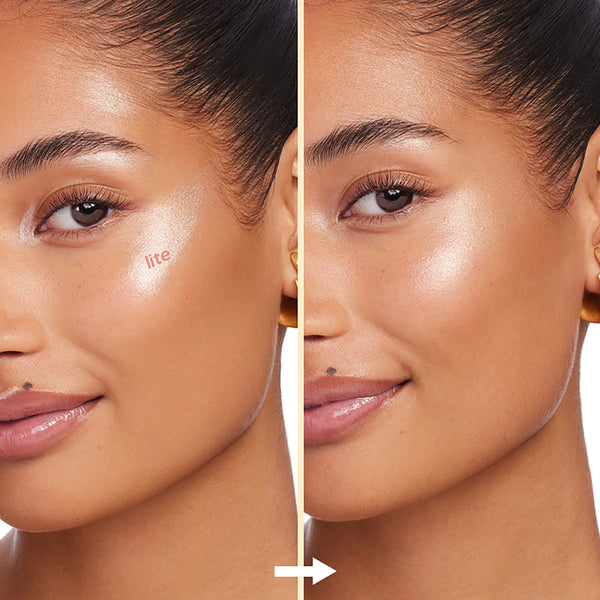 ColourPop Lite Stix Sunlight cream highlighter illuminating the cheek; split before-and-after close-up shows the stick swept on the cheekbone, leaving a dewy champagne glow and natural radiance for an easy, blendable highlight.