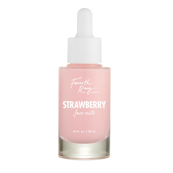 Glass dropper bottle of pink serum labeled 'Fourth Ray Beauty Strawberry face milk' 0.95 fl oz (28 ml), standing upright on a white background; ColourPop Face Milk skincare product.