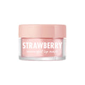 ColourPop Strawberry Lip Mask shown in a clear glass jar with a blush-pink screw lid, white STRAWBERRY label, and soft pink balm; overnight lip treatment staged on a white background for an ecommerce product photo.