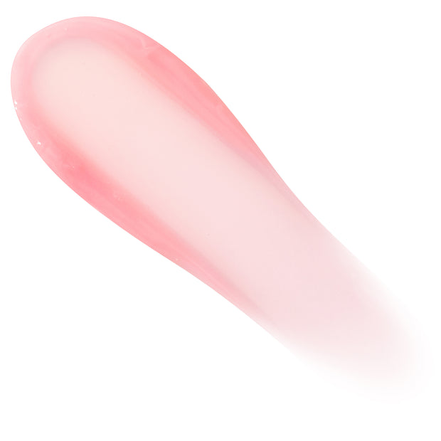 ColourPop Strawberry Lip Mask swatch spreading in a curved, semi-sheer pink gel streak on a white background, showing its glossy, smooth texture and subtle tint.