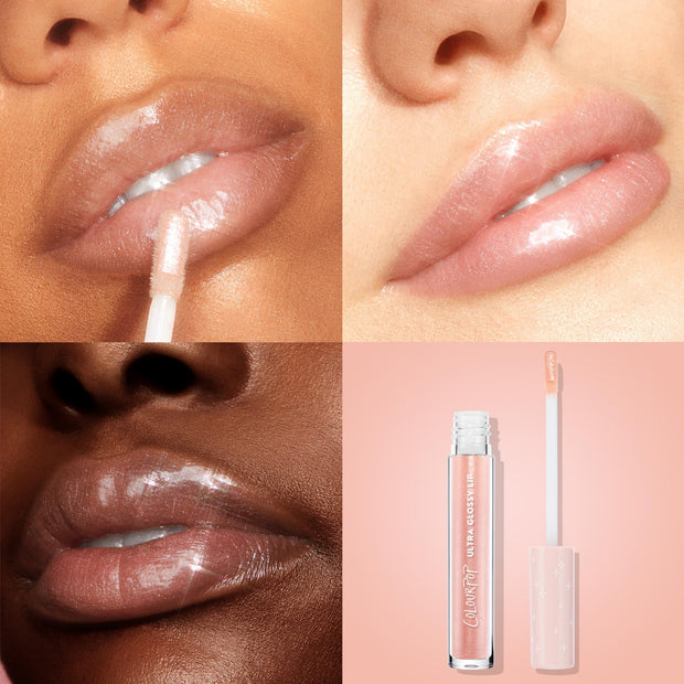 ColourPop Ultra Glossy Lip Sugar Cookie coating lips with a sheer pink, high-shine shimmer; doe-foot applicator glides on in a four-panel grid showing glossy results on multiple skin tones, with the open tube and wand on a soft pink background.