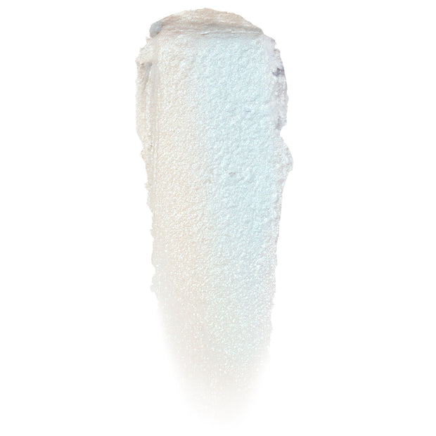 Shimmering icy blue-white iridescent eyeshadow swatch, Super Cool Jelly Much Shadow by ColourPop, shown in a single smooth swipe on a white background; ColourPop Jelly Much Shadow gel formula with fine pearl sparkle.