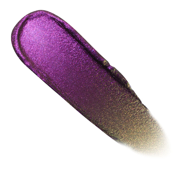Supernova Chrome Liquid Shadow swatch shifts from vivid purple to olive-gold with metallic sparkle, shown in a thick single swipe on a white background; ColourPop Chrome Liquid Shadow duo-chrome finish for standout eye looks.