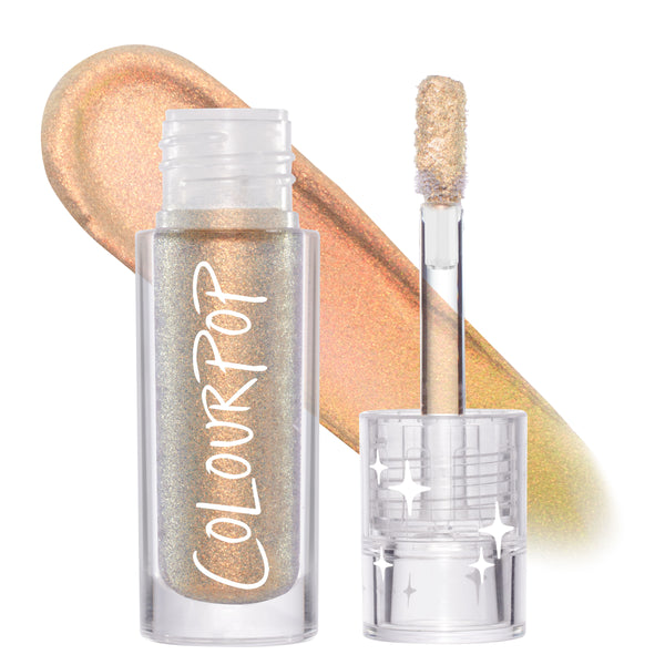 Sweetzer Ave ColourPop Chrome Liquid Shadow displaying a multichrome shift from peach and gold to green, with an open clear tube, white ColourPop logo, and doe-foot applicator beside a wide swatch on a white background.