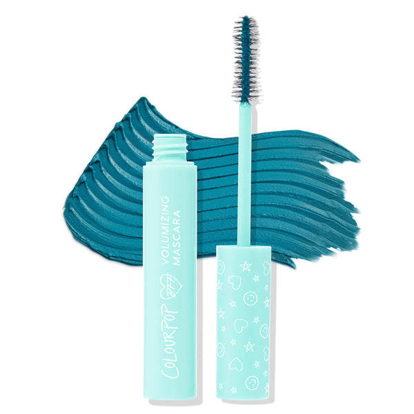 ColourPop BFF Mascara in Swell Season, wand coated in deep teal volumizing formula, stands beside an open mint tube with white logo and patterned cap, with a bold teal swipe behind to show pigment and payoff.