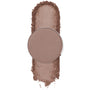 Round metal pan of ColourPop Take the Lead pressed powder shadow displays a cool taupe matte shade, centered on a vertical swatch of crushed pigment on a white background to show texture and payoff.