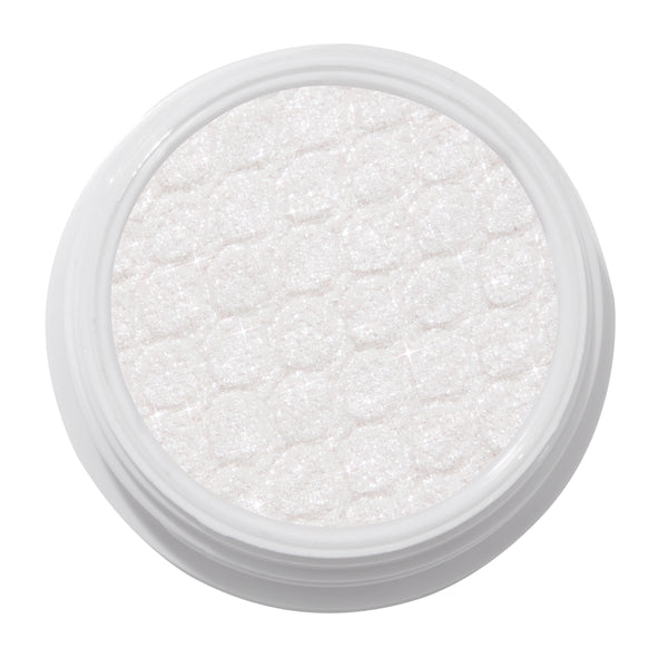 ColourPop Super Shock Shadow Tassel, a shimmering icy white cream-to-powder eyeshadow catching light across its quilt-textured pan inside a white round pot, shown in a crisp studio close-up on a white background.