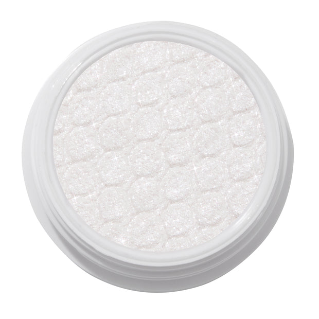 ColourPop Super Shock Shadow Tassel, a shimmering icy white cream-to-powder eyeshadow catching light across its quilt-textured pan inside a white round pot, shown in a crisp studio close-up on a white background.