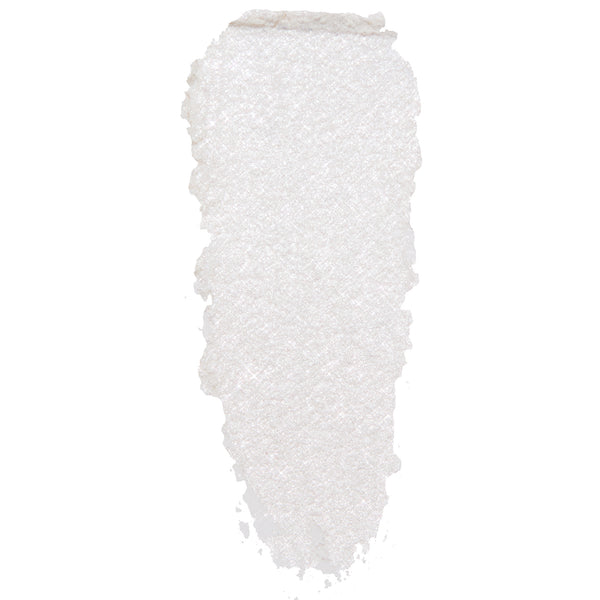 Tassel Super Shock Shadow by ColourPop - pearly white eyeshadow swatch shimmering with icy silver microglitter - smeared in a single swipe to show creamy texture and high-shine finish, on a clean white background.