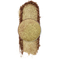 Shimmery olive-gold round eyeshadow pan catching light, with crushed pigment swatched in a vertical streak on white - ColourPop Tea Garden Pressed Powder Shadow single, metallic finish for bold lid or inner corner looks.