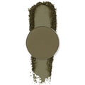 Team Captain pressed powder shadow by ColourPop, a matte olive green eyeshadow in a single round pan, shown with a vertical swatch of crushed pigment extending above and below the pan on a clean white background.