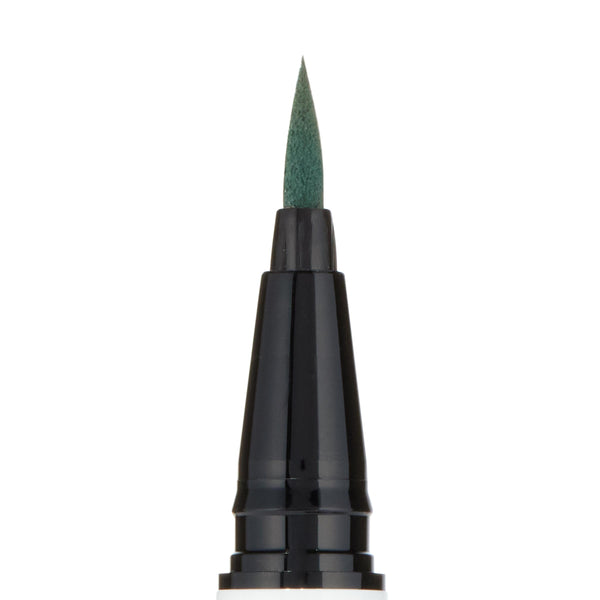 ColourPop BFF Liquid Liner in The Hills showing a precise, pointed felt tip saturated in deep green, the glossy black barrel standing upright in a crisp studio close-up on white for sharp, controlled eyeliner looks.