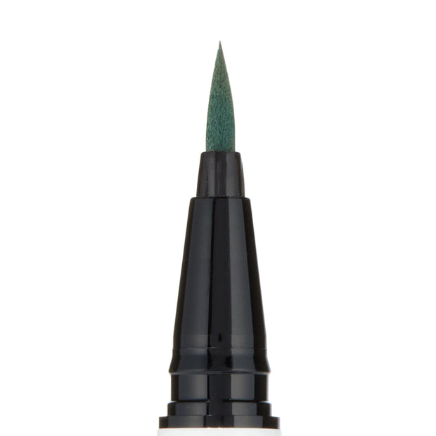ColourPop BFF Liquid Liner in The Hills showing a precise, pointed felt tip saturated in deep green, the glossy black barrel standing upright in a crisp studio close-up on white for sharp, controlled eyeliner looks.
