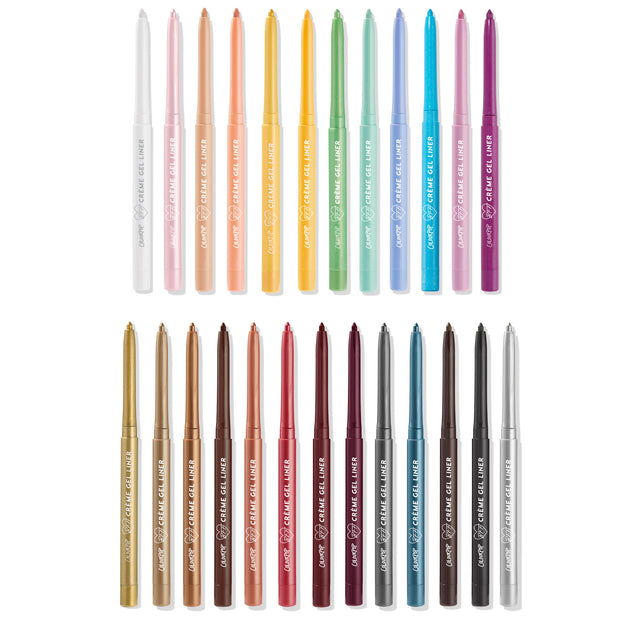 The Total Package ColourPop Crème Gel Liner set displays two rows of retractable eyeliners on a white background, showcasing a full spectrum of matte and metallic shades - from white and pastels to brights, jewel tones, black, gold, and silver.