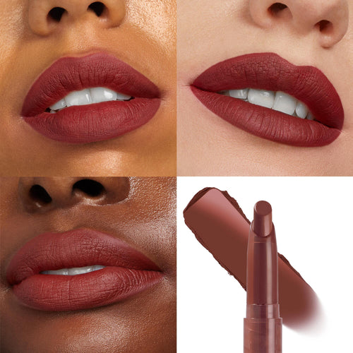 Thousand Percent ColourPop Lippie Stix applying a brick red‑brown matte shade, shown on three sets of lips across light to deep skin tones, with the slim lipstick bullet and a swipe in a grid highlighting creamy payoff and finish.