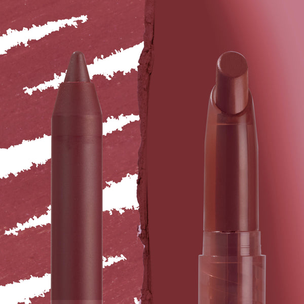 ColourPop Lippie Stix + Pencil Set Pucker Up showcasing a rich berry-mauve lipstick bullet and matching lip liner standing side by side, highlighted by bold swatch streaks on a burgundy gradient background.