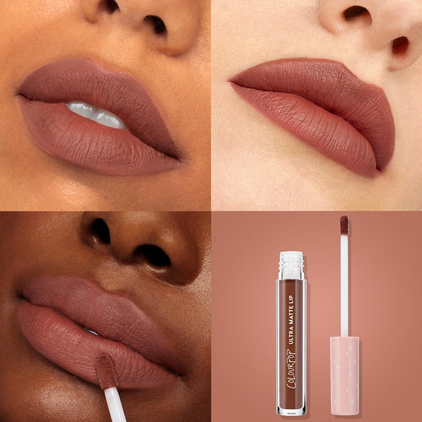 ColourPop Ultra Matte Lip in Toast coating lips on multiple skin tones, showcasing a warm toasted brown nude with a smooth ultra‑matte finish; collage displays close‑up swatches plus the liquid lipstick tube and doe‑foot applicator.