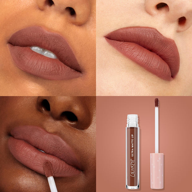 ColourPop Ultra Matte Lip in Toast coating lips on multiple skin tones, showcasing a warm toasted brown nude with a smooth ultra‑matte finish; collage displays close‑up swatches plus the liquid lipstick tube and doe‑foot applicator.