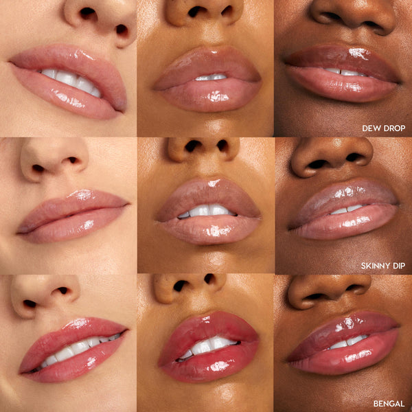 ColourPop Lux Lip Oil Top Hits swatches slick shine across nine close-up lips in a 3x3 grid, showing sheer nudes to rosy tints; shade names Dew Drop, Skinny Dip, and Bengal appear, highlighting a hydrating, high-shine finish on varied skin tones.