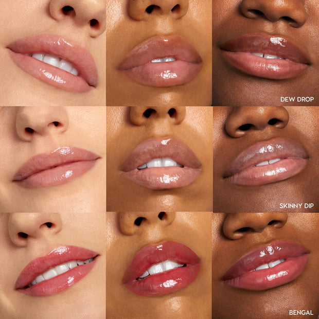 ColourPop Lux Lip Oil Top Hits swatches slick shine across nine close-up lips in a 3x3 grid, showing sheer nudes to rosy tints; shade names Dew Drop, Skinny Dip, and Bengal appear, highlighting a hydrating, high-shine finish on varied skin tones.