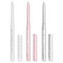 Total Essentials ColourPop Crème Gel Liner trio stands uncapped, displaying retractable tips in white, soft pink, and metallic silver with matching doodle-print caps alongside, studio-lit on a white background.