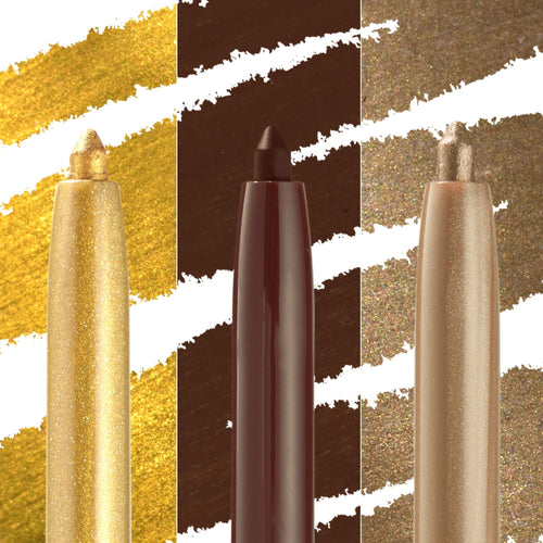 ColourPop Crème Gel Liner trio swatches the Totally Neutral shades - metallic gold, deep cocoa brown, and shimmery champagne - on split backgrounds, highlighting creamy twist-up tips for smooth, long-wear eye lining.