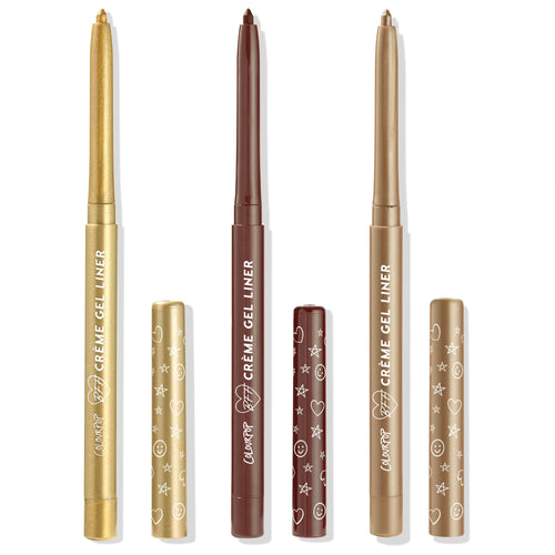 Three ColourPop Crème Gel Liner pencils from the Totally Neutral set show twist-up tips in metallic gold, deep brown, and bronze taupe, with doodled caps beside them, standing upright on a white background.