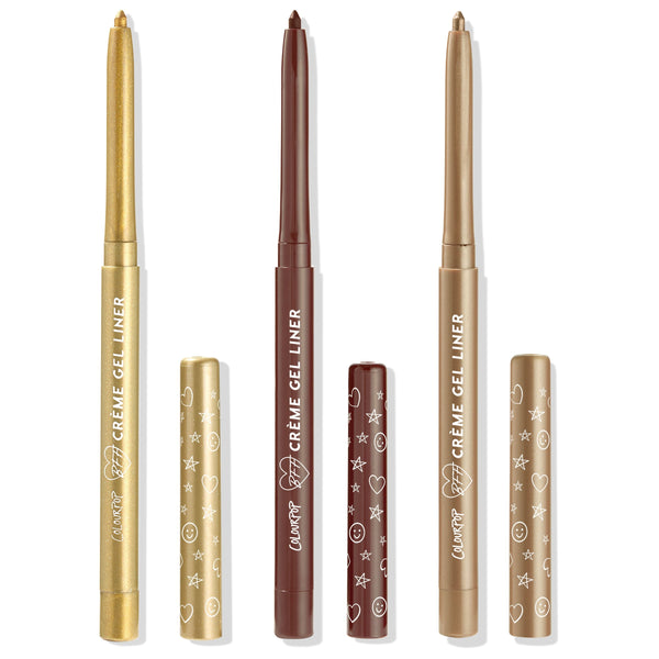 Three ColourPop Crème Gel Liner pencils from the Totally Neutral set show twist-up tips in metallic gold, deep brown, and bronze taupe, with doodled caps beside them, standing upright on a white background.