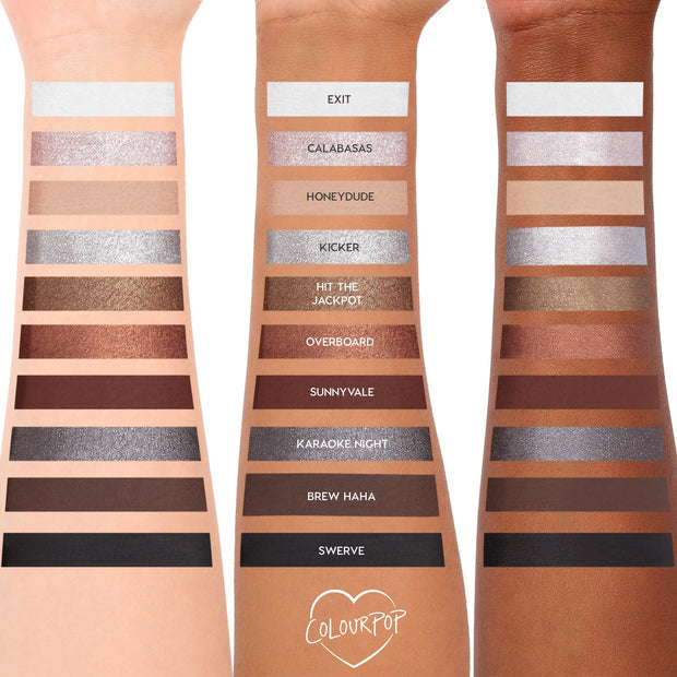 ColourPop Tried and True Crème Gel Liner swatches line three arms, showcasing matte and metallic shades - Exit, Calabasas, Honeydude, Kicker, Hit the Jackpot, Overboard, Sunnyvale, Karaoke Night, Brew Haha, and Swerve - across light, medium, and deep skin tones.