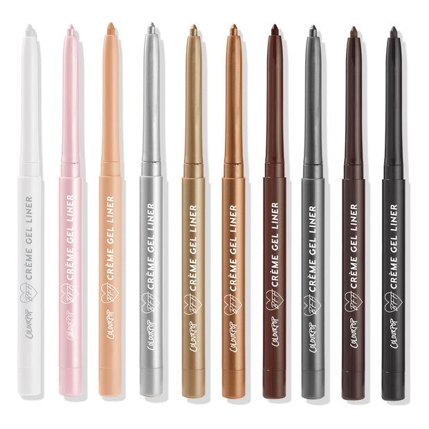 Tried and True ColourPop Crème Gel Liner set lines up ten twist-up eyeliners with caps off on a white background, showing shades spanning white, pink, nude, silver, gold, bronze, brown, gray, burgundy, and black.