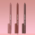 Triple Latte ColourPop Lippie Pencil trio standing upright, tips exposed, in light nude, warm rose-brown, and deep mocha shades with matching caps, showcasing creamy lip liners on a pink gradient background for precise lip shaping.