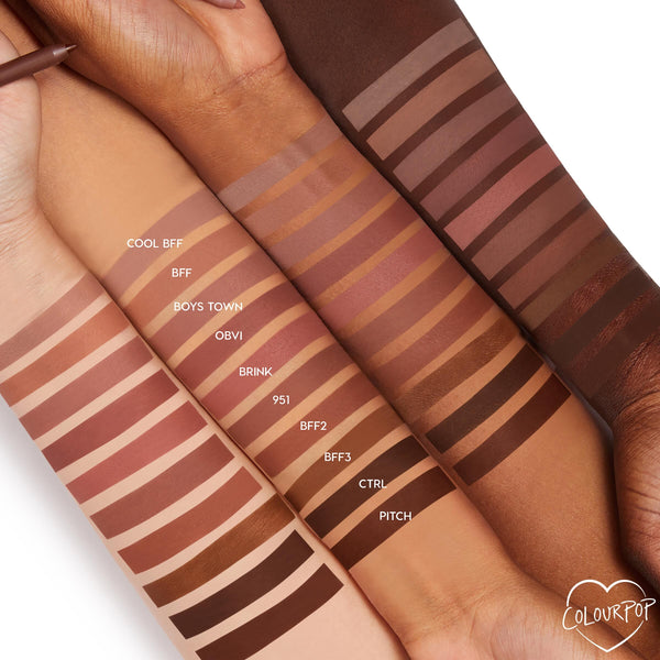 ColourPop Lippie Pencil BFF2 swatched on multiple arms, showing the warm brown liner band labeled “BFF2” among other nude shades; neat horizontal stripes highlight smooth, pigmented color payoff across varied skin tones.