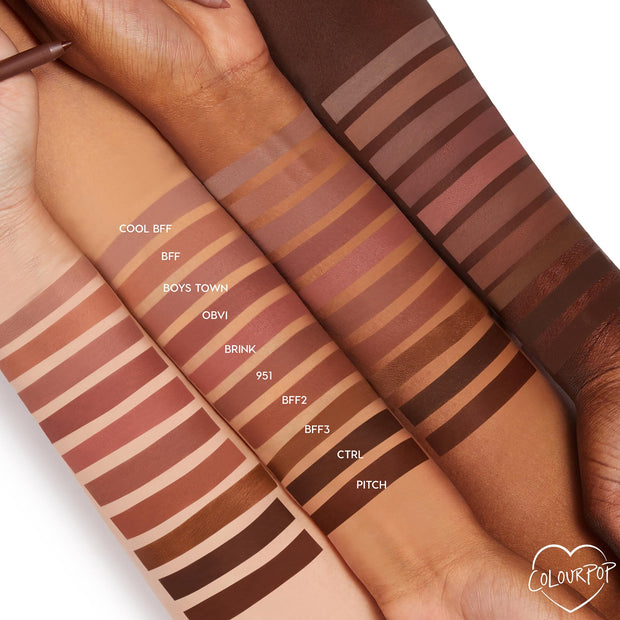 ColourPop Lippie Pencil BFF2 swatched on multiple arms, showing the warm brown liner band labeled “BFF2” among other nude shades; neat horizontal stripes highlight smooth, pigmented color payoff across varied skin tones.