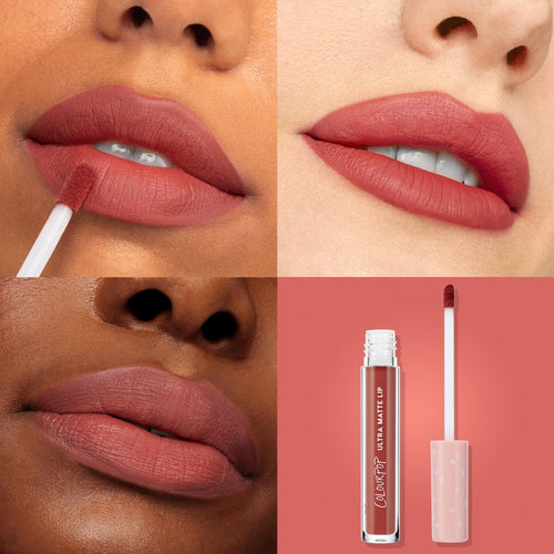 ColourPop Ultra Matte Lip Tulum coating lips in warm terracotta‑rose, applied with a doe‑foot and shown on multiple skin tones, with the open tube, wand, and pink star‑print cap on a coral backdrop for shade and matte finish reference.