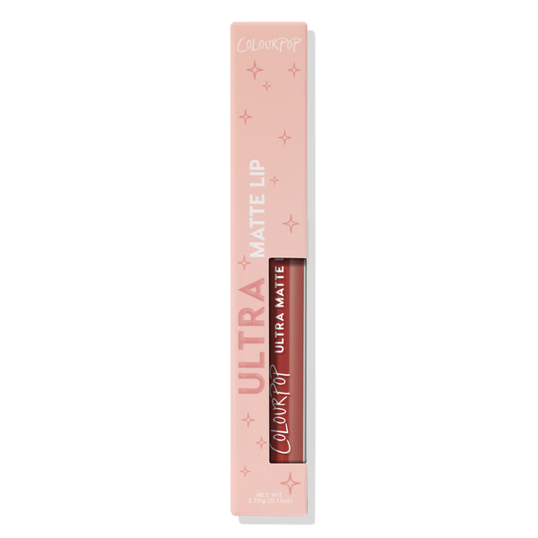 Tulum by ColourPop Ultra Matte Lip, a warm terracotta nude liquid lipstick, shown in a clear tube inside a blush‑pink box with star graphics and a side window, net wt. 3.7 g (0.13 oz), set against a white background.