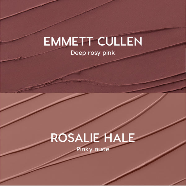 Opposites Attract Lippie Stix swatches showing two Twilight-inspired lip colors: Emmett Cullen in deep rosy pink on top and Rosalie Hale in pinky nude on bottom, both smeared in smooth diagonal strokes on a textured background.