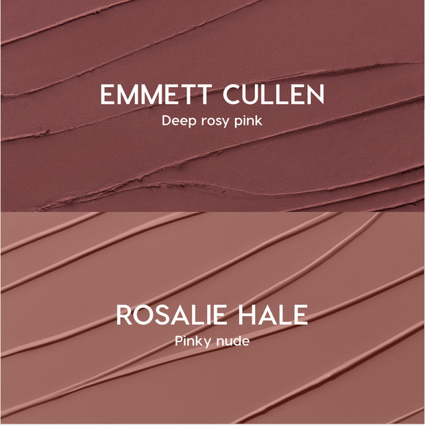 Opposites Attract Lippie Stix swatches showing two Twilight-inspired lip colors: Emmett Cullen in deep rosy pink on top and Rosalie Hale in pinky nude on bottom, both smeared in smooth diagonal strokes on a textured background.