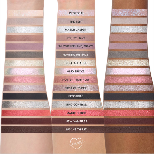 ColourPop Eternal Eclipse eye trio swatched on three skin tones, showing shimmery and matte Twilight-inspired shades like silver, taupe, rose gold, berry, and deep chocolate, arranged in labeled horizontal stripes down each arm.